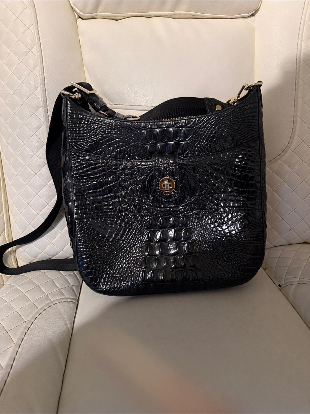 Croc-Embossed Black Leather Shoulder Bag with Turn-Lock Accent